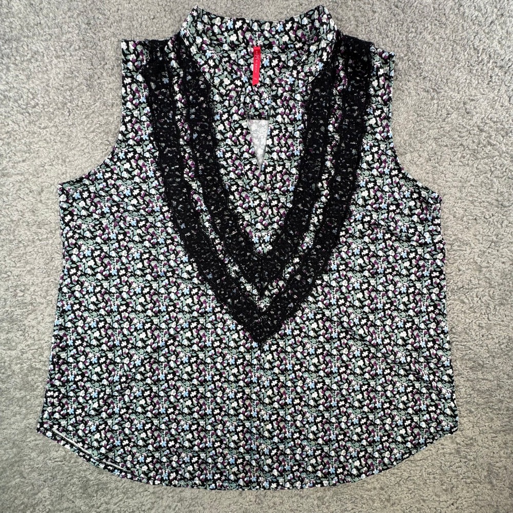 Ruby Ribbon Floral Sleeveless Blouse Lace Trim V-Neck Black Purple XXL 1623